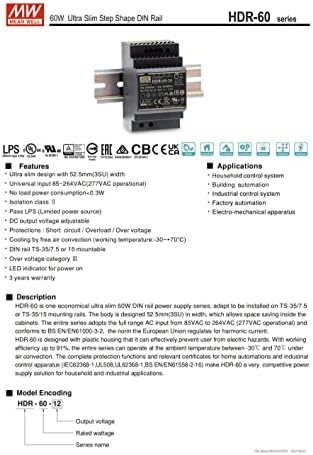 MW significa poço de poço de plástico HDR-60W-12/15/24/48/5V Etapa de etapa II Ultra Slim Forma Din Rail AC-DC Supplência de alimentação de saída única