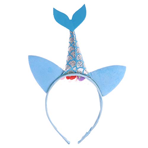 Yizyif Kids Girls Girls Shiny Mermaid Tail Hair Hoop com orelhas e flores Arbantaria de cabeça para a cabeça para chá de bebê Festa de aniversário Cosplay Sky Blue One Tamanho