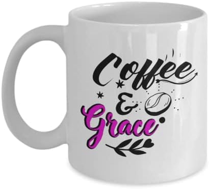 Coffee & Grace White Caneca | Caneca de café branco impresso | Caneca de café em cerâmica branca | Caneca de café branco