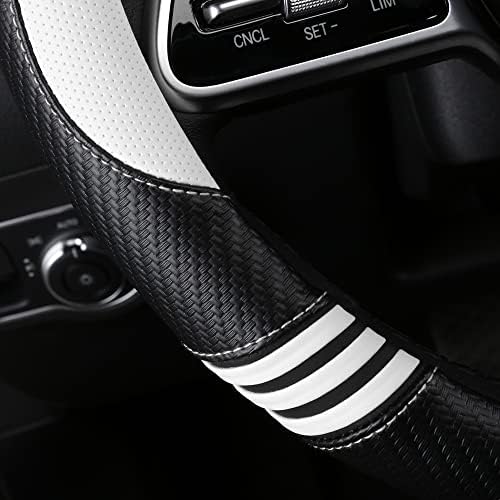 Capas de volante de carro para mulheres meninas de fibra de carbono acolchoada PU PU PU Acessórios de interiores de desenho animado para sedan de veículos, universal, anti-deslize, branco+preto, tamanho padrão14 1/2-15