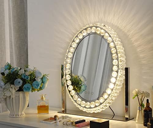 Espelho de vaidade com luzes, espelho de maquiagem iluminado por cristal grande com luz oval oval de 20x18 polegadas de hollywood espelho 3 luzes coloridas Toque e 360 ​​° Plugue rotativo no espelho de maquiagem de LED de mesa para o quarto