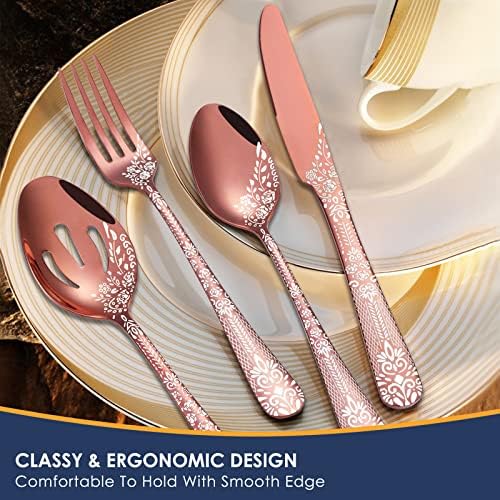 Euirio 53 peças rosa talheres de ouro rosa conjunto com utensílios de servir, talheres de ouro rosa conjunto para 8, talheres de espelho de aço inoxidável