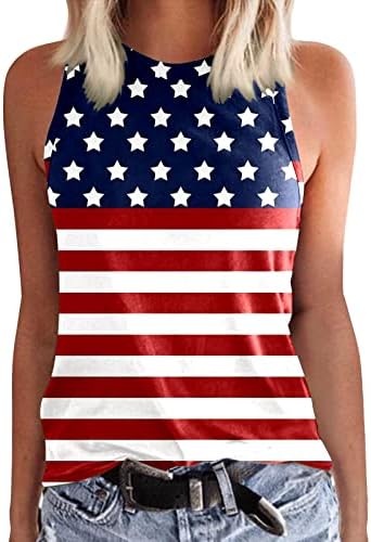 4 de julho Camisas para mulheres bandeira dos EUA Summer Summer Sleesess O-Gobes Tanks Tops Stripes Tie-Dye Patriótico camiseta