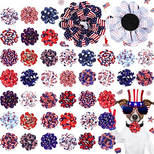 80 peças Patriótico Flores de cão colarinho Estrela Independence Day Collar Flowers American Flag Dog Charms Acessórios
