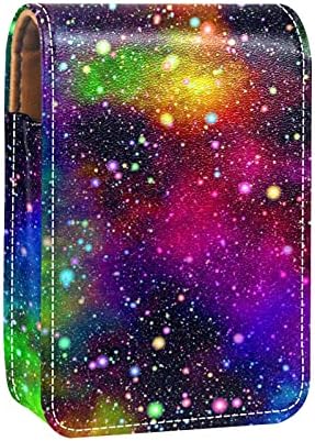 Caixa de batom mini mini com espelho para bolsa, universo glitter nebulosa céu estrelado céu colorido couro cosmético saco