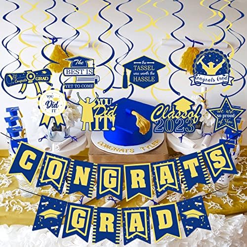 Parabéns azul e amarelo Banner de graduação e redemoinhos de graduação 2023, parabéns Decorações de pós -graduação Parabéns Banner de pós -graduação para decoração de festa de graduação em amarelo azul 2023