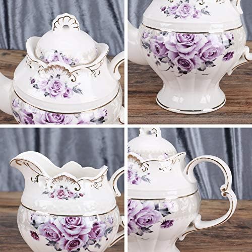 Fanquare 15 peças de chá de porcelana para adultos, serviço de chá de casamento, grande bule britânico com xícaras, rosa roxa
