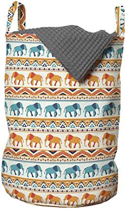Bolsa de lavanderia de elefante de Ambesonne, fronteiras horizontais com animais geométricos de animais exóticos, cesto