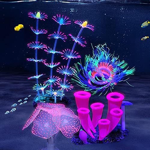Ztohpyo 4 peças Silicone Glow Fish Tank Decorações de plantas com simulação coral de silicone, coral artificial do chifre,