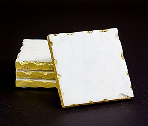 Caché do cruzador | Mármore e ouro artesanais | Conjunto de 4 montanhas -russas quadradas | Borda cinzelada | Criado à mão | 4x4