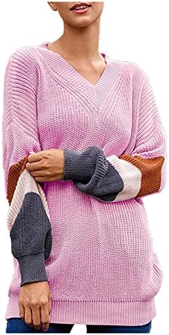 Caminho de pescoço feminino Temperamento v- pescoço solto colorido suéter colorido de cor de gola alta de manga longa