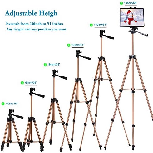 Ipad Tripod Stand Universal Tablet Phone Mound Suporte 51in leve com remoto Bluetooth para iPad Pro 12.9 11 10.5, iPad Air Mini, Surface Tab, Galaxy Tab e 3,5 a 13,5 em tablet para iPhone - Champagne