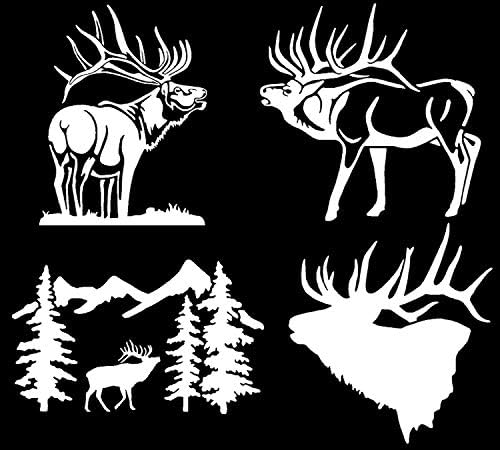 Elk lida com 4 pacote: alces protuberantes, alces detalhados, silhueta da cabeça dos alces, alces em árvores