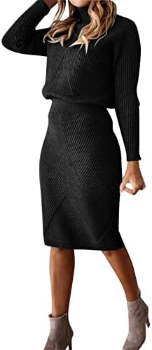 Vestido de suéter para mulheres conjunto de duas peças de malha comprida com manga comprida Sweater de pulôver com saia vestidos de bodycon preto