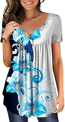 Blusa feminina outono verão 2023 Roupa de manga curta V Botão gráfico de algodão de pescoço para cima camiseta superior