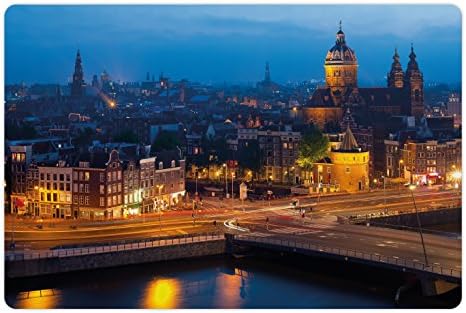 Ambsosonne City Pet Tapete para comida e água, vista noturna do famoso marco de Amsterdã, arquitetura de viagens urbanas européias, retângulo de borracha sem deslizamento para cães e gatos, azul de cravo