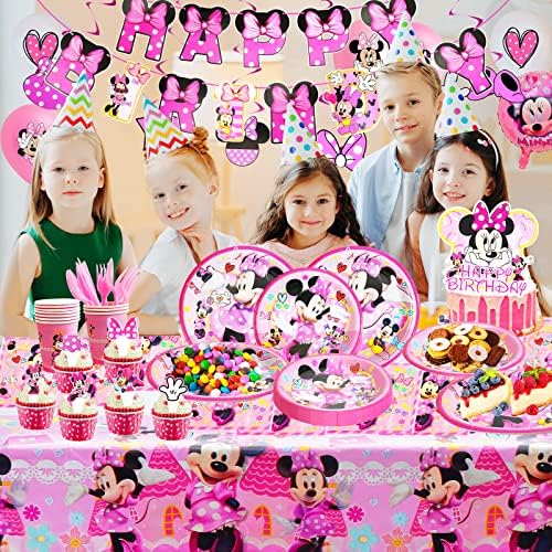 Minnie Birthday Party Supplies Decorações, Minnie Birthday Party Theme, Placas de papel descartáveis ​​guardanapos Toel de mesa e Banner Tableware Conjunto para crianças de festas de aniversário Favory Favor