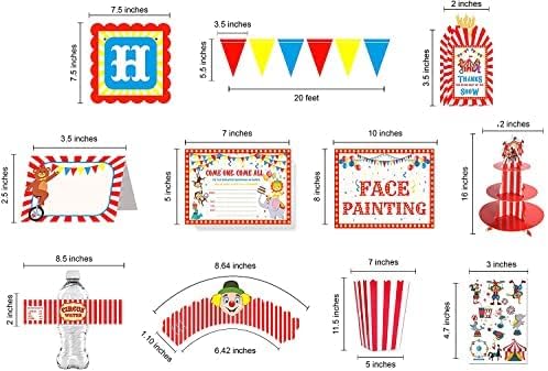 Decorações de festas temáticas de circo - material de festa de aniversário de carnaval para chá de bebê inclui toalha de mesa, caixas de pipoca, pratos, xícaras, guardanapos, porta -cupcake, confete, sinais e muito mais mais