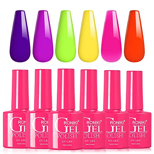 Roniki 6 Colorias de preto de gel neon, vermelho brilhante, rosa, roxo, verde, amarelo, laranja, kit de polimento de gel