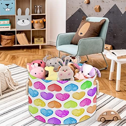 Dia dos namorados Love Heart Colorful Grandes cestas redondas para cestas de lavanderia de armazenamento com alças cestas de armazenamento de cobertores para caixas de banheiro caixas para organizar o cesto de berçário menino menino