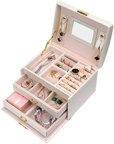 Caixa de jóias, oganiser de joias, três camadas de armazenamento de jóias PU PU com espelho e fechadura, para meninas e mulheres, branco