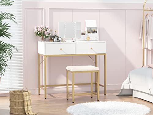 Desk Superjare Vanity, vaidade de maquiagem com fezes e espelho iluminado com três dobras, mesa de vaidade com 2 gavetas grandes -