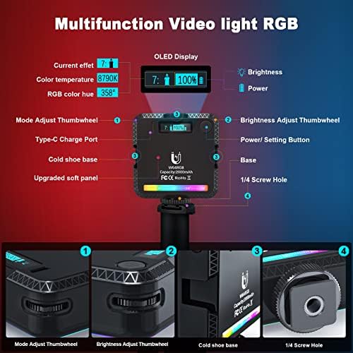 Luzes de vídeo RGB, painel de luz da câmera LED portátil, iluminação de fotografia recarregável de 2000mAh em cores, CRI95+ 2500-9000K Dimmable, Magnetic, 20 Efeitos, para Selfie, Conferência de Gravação de Video