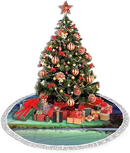 Linda saia de árvore de Natal do céu, tapete de saia de árvore de Natal com borla para decoração de festa de casamento de férias