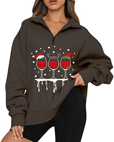 Pullover de Feliz Natal para Mulheres Half Zip de Molho de Grandes Grandes Sweetshirt