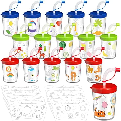 Nuanchu 16 pacote color suas próprias xícaras para crianças colorir suas próprias xícaras de cor com tampas e canudos para crianças