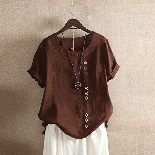 Botão de cor sólida feminina de tamanho grande linho de linho de algodão camiseta de camiseta curta camiseta de manga curta