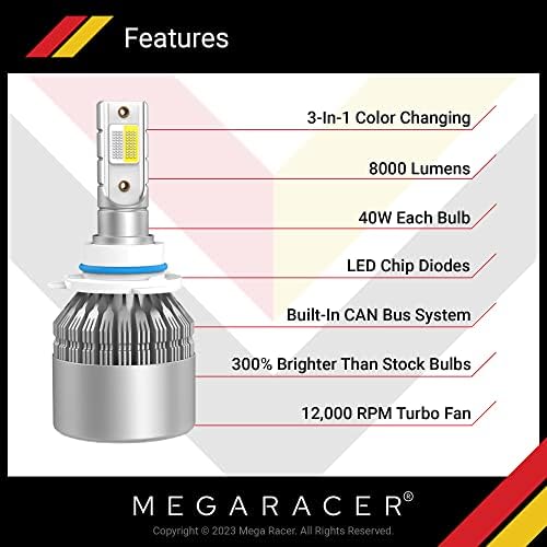 Mega Racer 9006/HB4 Bulbos de farol LED, 3 cores trocando luzes para luzes de feixe baixo ou nevoeiro, 50W 8000 lúmens LED Chips IP68, pacote de 2