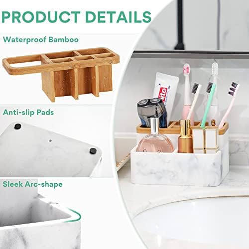 Suporte de escova de dentes de bambu, armazenamento de bancada de banheiro multifuncional Aimou, aparência de mármore, naturalmente