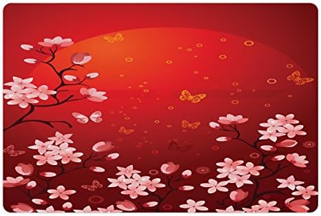 Ambesonne Red Pet tapete para comida e água, cenário etéreo abstrato do pôr-do-sol com raminhos e borboletas de sakura, tapete de borracha sem deslizamento para cães e gatos, coral laranja vermelho