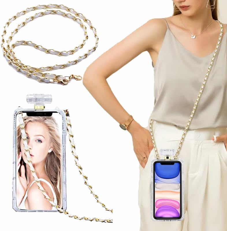 Victor Pearl Flowers Diamond Caso para iPhone XR 6.1 '' com cordão de couro, capa de corrente à prova de choque do Protetor de Protetor de Garrafa de Perfume com Correia Cruzada