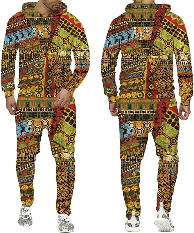 Estilo étnico 3D capuz estampado calças Definir moletons de pulôver vintage africano Man Racksuit de traje casual