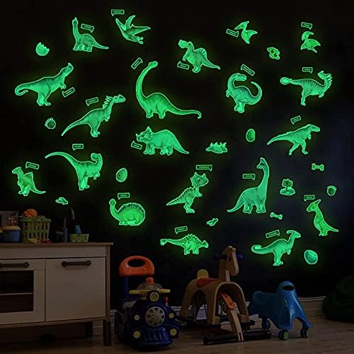 Brilho nos decalques de parede de dinossauros escuros, adesivos brilhantes para o teto, decoração de quarto de meninos, grande