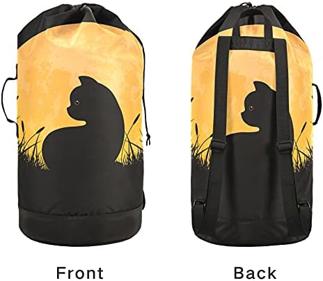 Bolsa de lavanderia de halloween de gato preto com alças de ombro de lavanderia mochila saco de tração de tração de tração
