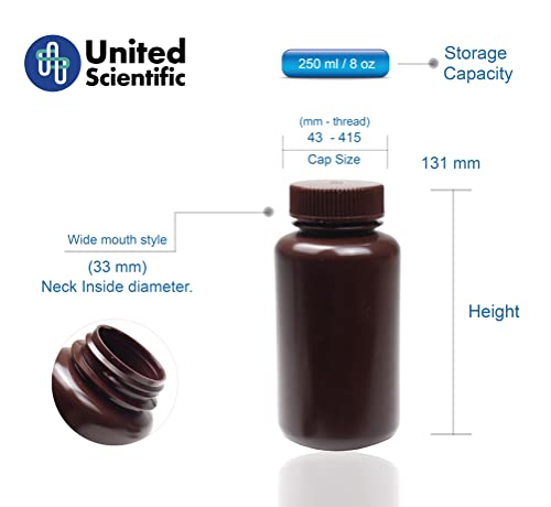 United Scientific Supplies 33464 | Garrafa de reagente âmbar de boca de grau de laboratório HDPE | Projetado para laboratórios, salas
