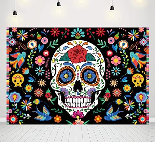Day of the Dead Party Beddrop Mexican Fiesta Skull Flowers Flores com tema DIA de Los Muertos Chá de bebê Festa de aniversário Decorações de fundo Decorações de Halloween Banco de mesa de bolo 7x5ft