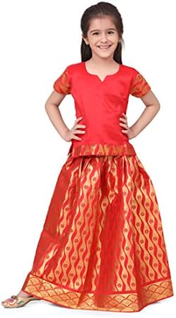 BOWNBEE Tradicional Silk Lehanga Choli South Indian Pavadai - Half Mangas - Pavda Pattu Choli para meninas e crianças