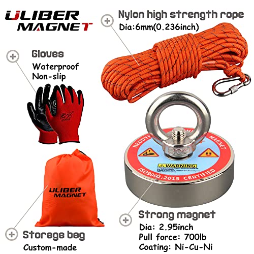 Ulibermagnet Fishing Magnet Kit, 700 libras de pesca de ímã de neodímio forte com corda de nylon de 20m e luvas não