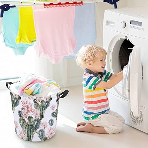 Cacto aquarela de cesta de lavanderia com cacos de lavanderia rosa com alças cesto de roupas sujas de roupas dobráveis ​​para