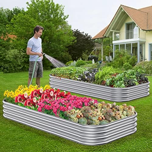 Mostmahes 2 PCs 10x2x1/8x4x1/6x6x1ft Cama de jardim elevada galvanizada ao ar livre para flores, 9 em 1 caixa de plantador elevada