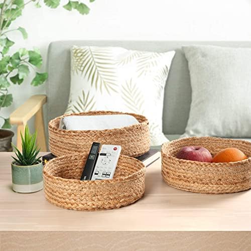 Tigelas de cesta de corda de juta redonda - 3 cestas decorativas de armazenamento sustentável e ecologicamente correto cestas de ninho para sala de estar, quarto, prateleira, mesa de café de entrada
