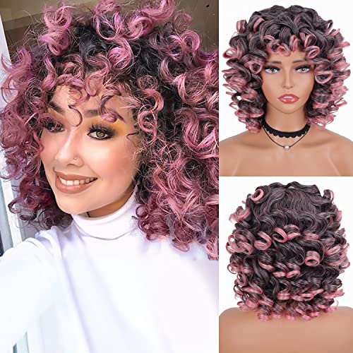 Jstineke Wigs curtos curtos para mulheres negras grandes perucas encaracoladas com franja, perucas sintéticas de substituição de cabelo para mulheres afro -americanas, perucas onduladas de 14 polegadas de 14 polegadas para uso diário para uso diário