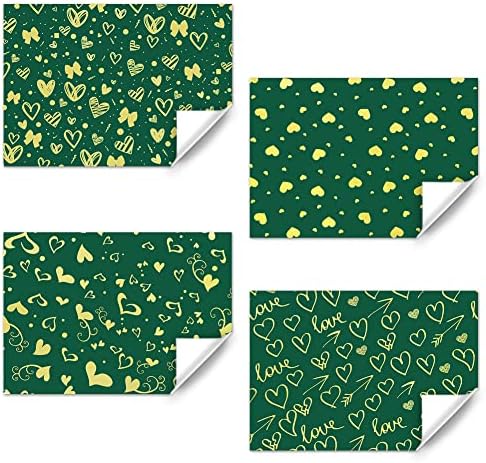 Papel de embrulho de coração de amor, 4 lençóis dobrados verde com papel de papel de embrulho de papel amor