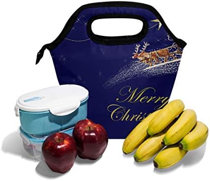 HEOEH Árvore de Natal Deer Papai Noel Sleigh Luncher Bag Cooler Bolsa Isolada Bolsa de lancheiras com zíper para o