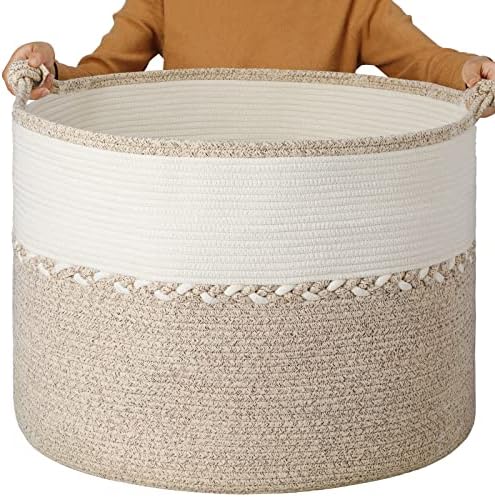 LovStorage 24 x24 x18 cesta de cobertores de corda grande, cesta de armazenamento de armazenamento de armazenamento bebê cesto cesto cesto decorativo cesta de brinquedos de cesta com alças para quarto de estar branco branco e marrom