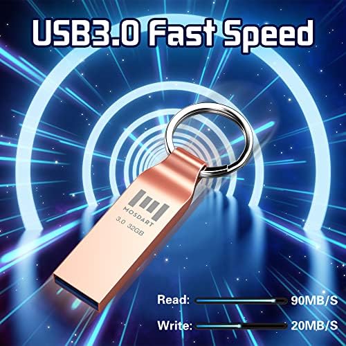 MOSDART USB 3.0 32 GB FAT32 Chaveiro de metal acionamento flash até 90 MB/s Velocidade de transferência rápida Drive, 32 GB à prova d'água USB3.0 Jump Drive Stick com chaveiro, Rose Gold